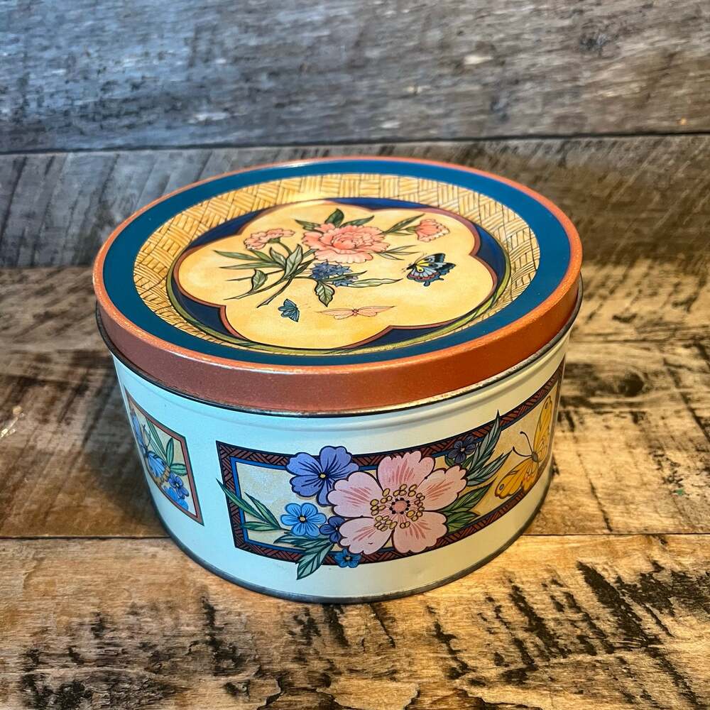 Floral Butterfly Round Metal Tin with Lid Decorative Storage Container